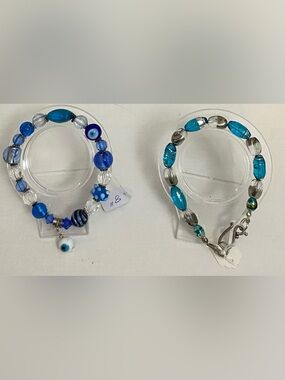 NEW Teal & silver Lampwork glass bead bracelet and Evil Eye bracelet